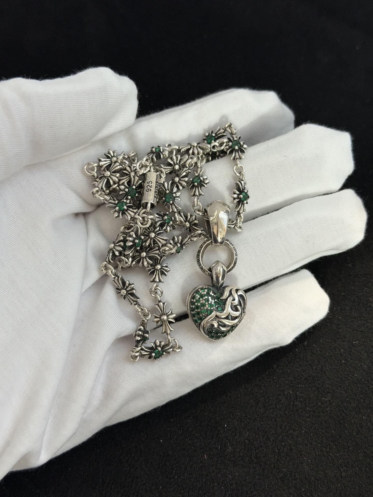 Chrome Hearts Silver Emerald Heart Pendant Necklace